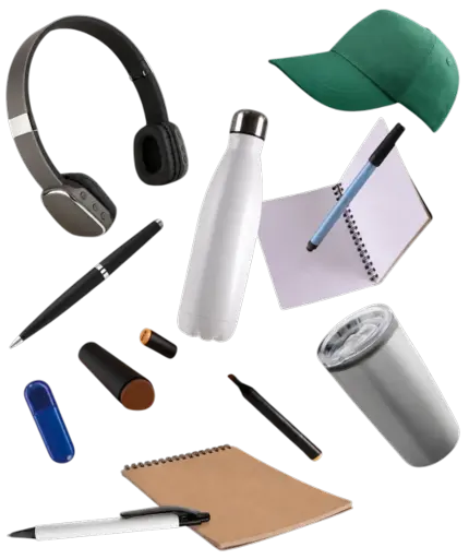 Branded corporate gifts and merchandise including headphones, drinkware, caps, pens and notebooks